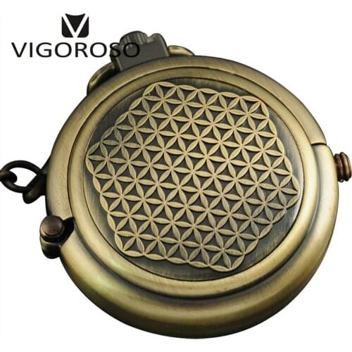VIGOROSO Mens Vintage Archaize Mechanical Pocket Watch Bronze Steel Hide Carved Steampunk Hand-winding FOB&Pocket Watches Clock