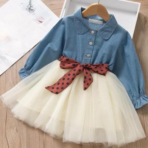 Baby Girl Princess Denim Dress Spring Autumn 3-7 Years Korean Mesh Shirt Dresses With Polka Dot Bow Belt Children Casual Clothes