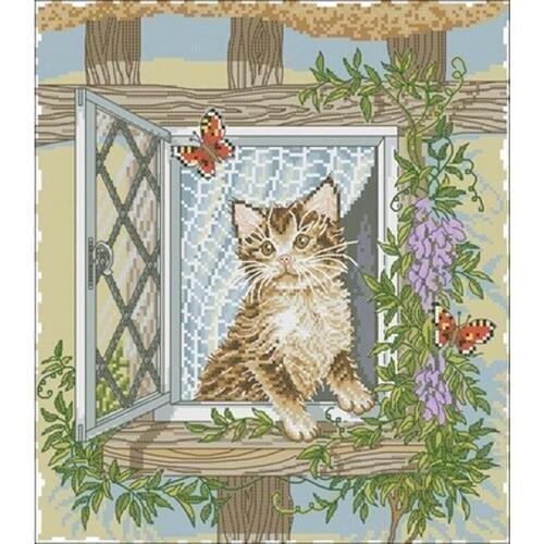 Hot selling Kitten in the garden room Counted Cross Stitch DIY Chinese Cross Stitch Kits Embroidery Needlework Sets