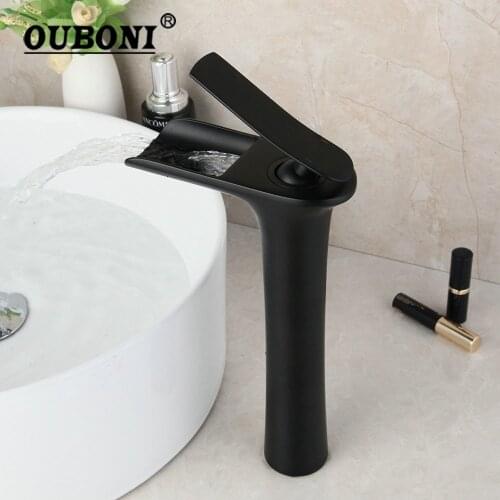 OUBONI Matte Black Basin Faucet Black Painting Counter Top Bathroom Water Mixer Tap Solid Brass Waterfall Wash Basin Sink Faucet