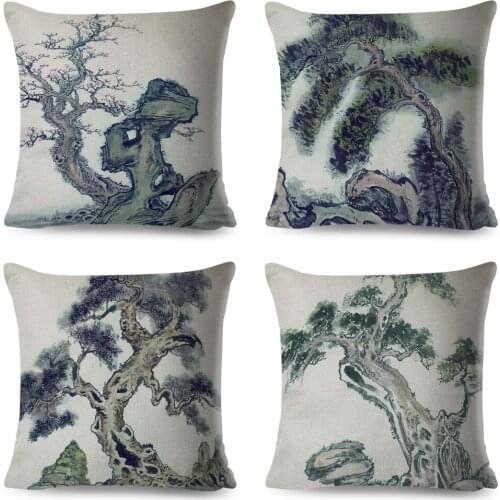 Chinese Ink Scenic Pillow Case Decor Bamboo Tree Printed Cushion Cover Polyester Pillowcase for Sofa Home Car 45x45cm