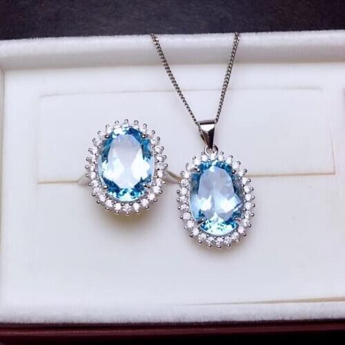 Fashion big round Diana Natural blue topaz Pendant ring Natural Gemstone Jewelry Set S925 Silver Women girl gift fine jewelry