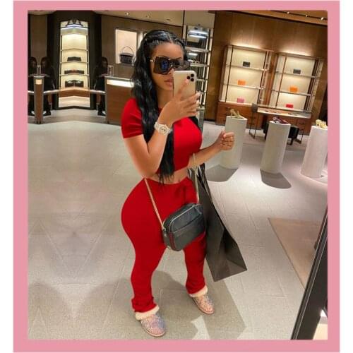 Red Stacked Leggings Tracksuit Woman 2 Piece Sets 2020 Summer Crop Top Pants Suit Summer sweatpants Fitness Outfits Clothing