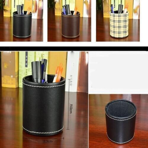 PU Leather Office Pencils Holder Black / Brown Round Pen Cup Remote Desk Accessories Organizer Desktop Stationery Container Box