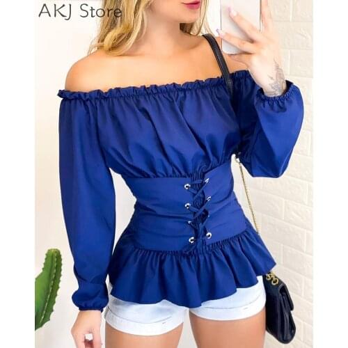 Summer Women Eyelet Lace-up Off Shoulder Frill Hem Top