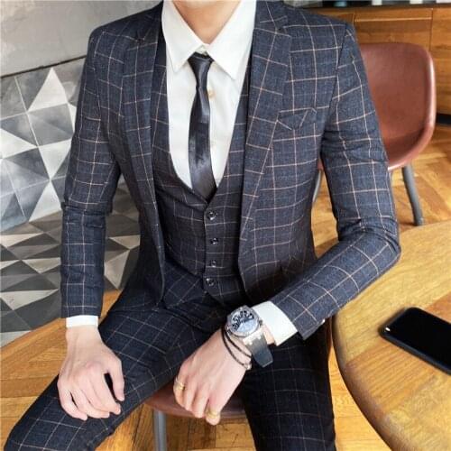 Mens Suit 3-piece Suit Mens Casual Plus Size Suit Plaid Pattern Trajes De Hombre De Vestir Elegantes Mens Wedding Suit
