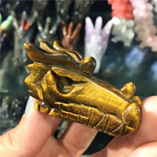 Natural Tiger Eye Crystal Dragon Head Skull Hand Carved Polished Gemstone Home Decoration Collection Gift
