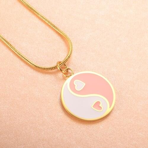 Women Necklace Goth Round Brand Bagua Epoxy Pink White Grunge Titanium Steel Necklace Pendant Jewelry On The Neck Accessories