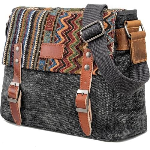 Retro Geometric Pattern Embroidery Crossbody Bag for Men Canvas Shoulder Bag Travel School Messenger Bag