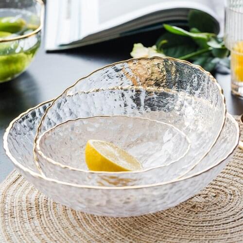 Nordic Golden Border Salad Bowl Transparent Glass Fruit Plate Dessert Round Square Bowl Tableware