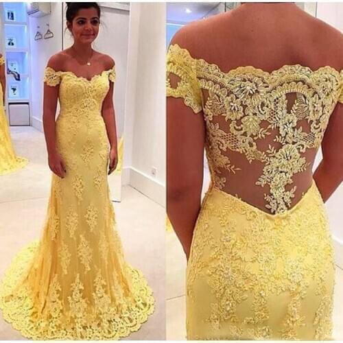 Yellow Evening Gowns Lace Appliques Mermaid Off the Shoulder Yellow Mermaid Lace Sheer Back Evening Dresses Arabic