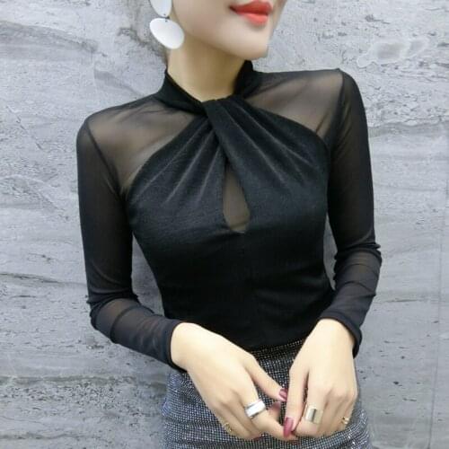 Women T-shirt Long-Sleeve 2021 New Arrival Spring And Autumn Sexy Slim Patchwork Net Yarn Female T-shirt Korean Style c59