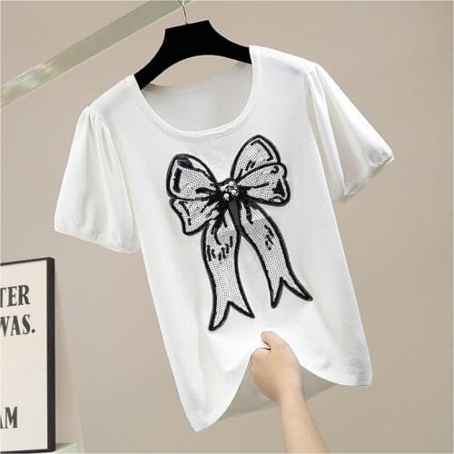 Womens T-Shirts Summer Wear Fashion Beaded Sequins Big Bow Sweet Short Sleeve Knitted T Shirt Female Casual Top Tees