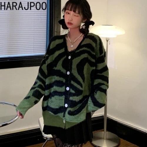 Harajpoo Women Cardigans Autumn Winter New Student Jacket Korean Loose Wild Green Zebra Pattern Sweater Knitted Sexy Clothing