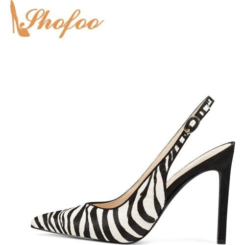 Zebra Pattern Slingback Women Stilettos Pumps Pointed Toe High Thin Heels Office Mature Large Size 13 14 Ladies Fashion Shofoo