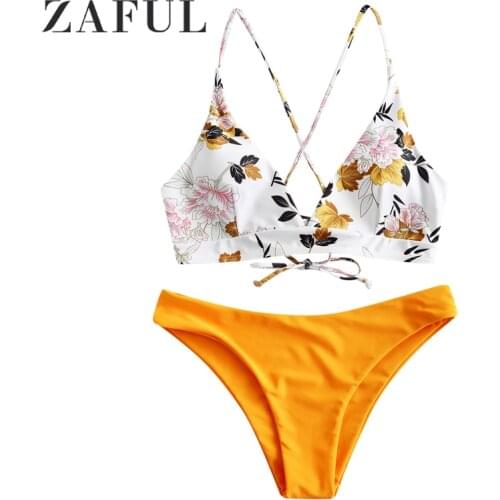 ZAFUL Flower Leaf Criss Cross Back Lace Up Bikini Swimsuit Print Solid Color Mix Match Strap High-Cut Bikini Women Swimwear 2020