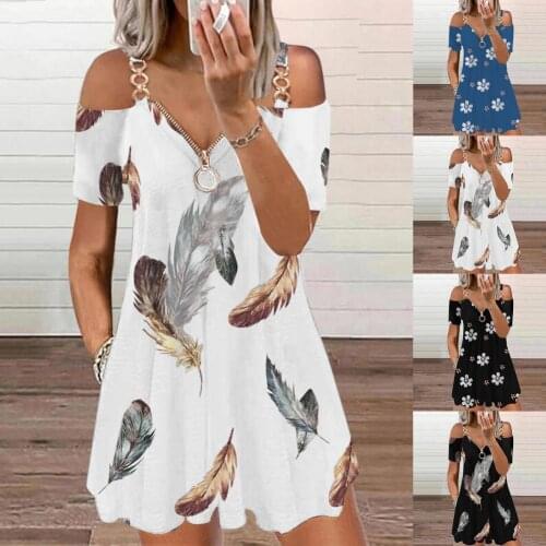 Mini Dress Feather Print Zipper Women Off Shoulder V Neck Dress for Party Casual Pocket Sleeveless Sundress Loose Vintage Summer