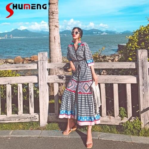 Korean Fashion 2021 Spring Ethnic Style Vacation Beach Sun Protection Long Dress Bohemian Vintage Printed Elegant Dress Female