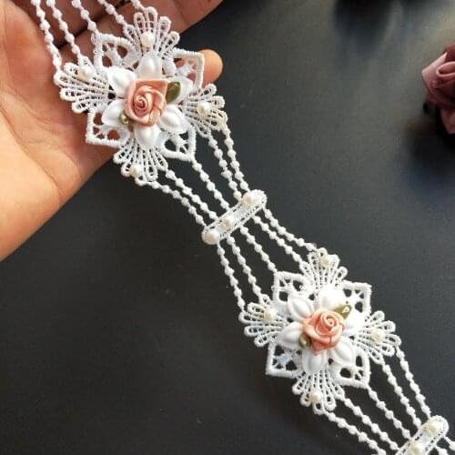 100cm Embroidered Pearl Rose Flower Lace Trim Ribbon Fabric Handmade DIY Sewing Supplies Craft For Costume Hat Decoration
