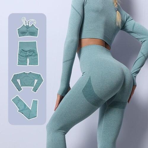 Seamless Women Yoga Set Workout Sportswear Gym Clothes Fitness Long Sleeve Bra Crop Top High Waist Leggings Shorts Sports Suit