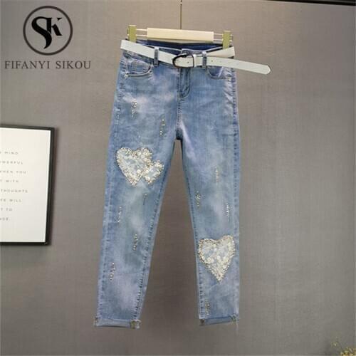 Jeans for Women Fashion Diamond Rivet High Waist Jeans Woman Elastic Plus size Stretch Jeans Female Washed Denim Pencil Pants