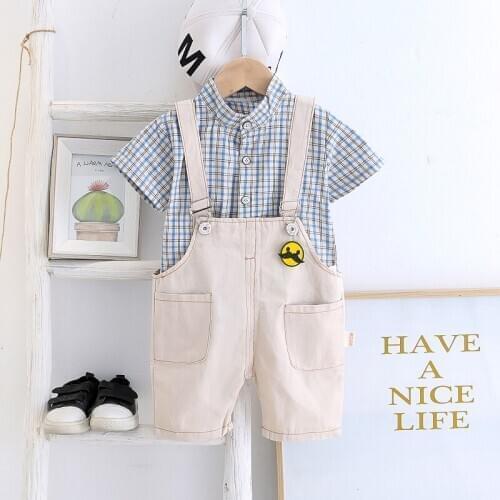 Toddler Baby Boys Clothes Sets Summer Infant Plaid shirt + Bib Pants 2pcs Cotton Suits Children Clothing Tracksuits