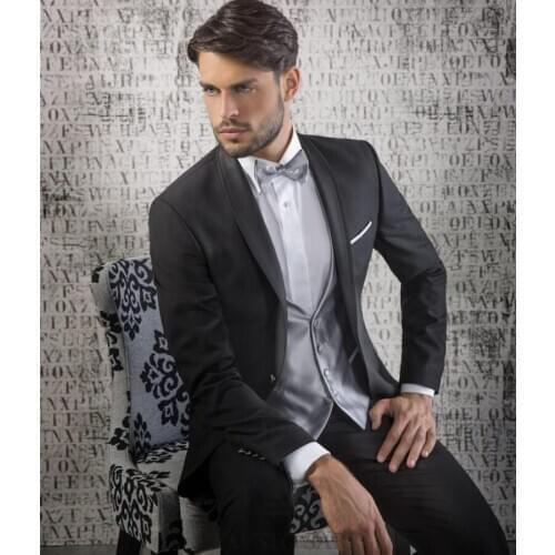 Hot sell men suit Black Groom Tuxedos Shawl Lapel Best Mens Wedding Christmas Prom Dinner Suits (Jacket+Pants+Vest+Tie)