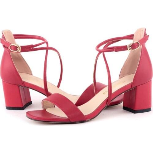 LOSLANDIFEN Women Sandals Sexy Matte High Heels Open Toes Thick Low Heel Sandal Red Wedding Party Shoes Plus Size 6050-1MA