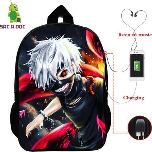 Tokyo Ghoul Backpack Multifunction USB Charge Headphone Laptop Bags College Students School Travel Backpack Bookbags Sac A Doc
