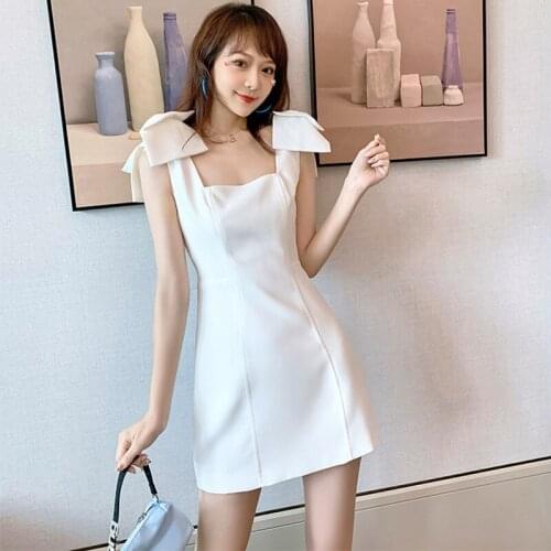 Fashion Korean Vintage Sexy Tank Sleeveless Mini Party Club Dress Ladies Elegant Coffee Break Sweet Bow Solid Beach Short Dress