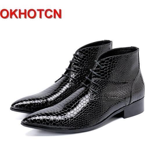 Mens Genuine Leather Boots Lace Up Men Oxford Boot Pointed Toe Botas Hombre Sewing Snakeskin Pattern Cool Ankle Motorcycle Boots