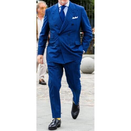 2021 Royal Blue Striped Suit Men Vintage Tailored Slim Business Suits Dinner Suits Prom Dresses Groom Wear 2Piece(Jacket+Pants)