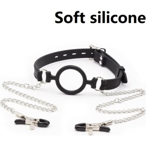 Soft Silicone Oral Fetish Open Mouth Hole Rings Gag Ball metal nipple clamps Bondage Restraints BDSM toy For Women Slave