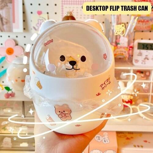 W&G Ins Desktop with Lid Trash Can Mini Kawaii Cute Bear Trash Bin Storage Box Girl Pen Holder Storage Bucket with Flip Top