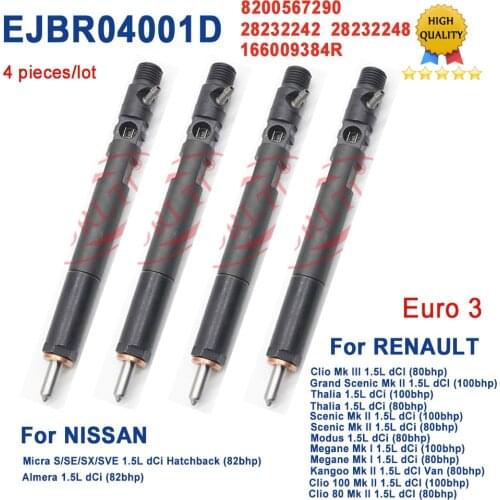 4pc New EJBR04001D Diesel Injector 166009384R 82 00 567 290 28232242 for RENAULT Euro 3 Clio 100 Mk II 1.5L dCI (100bhp)