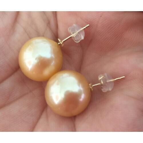 Charming 13-14mmAAA perfect south sea round gold pearl earring 18k solidgold