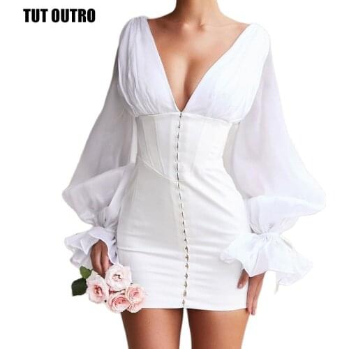 2021 Spring Fashion V-Neck Satin Short Dress Women Backless Flared Sleeves Mini Dress Summer Female Buttock Party Dress Vestidos