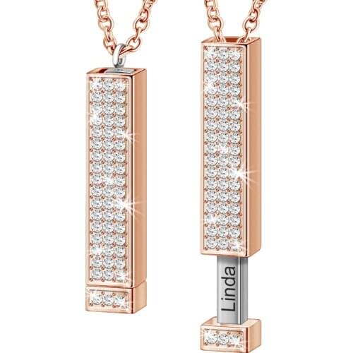 Luxury Personalized Name Hidden Engraved 3D Bar Necklace for Women Crystal Pendant Necklaces Custom Jewellery