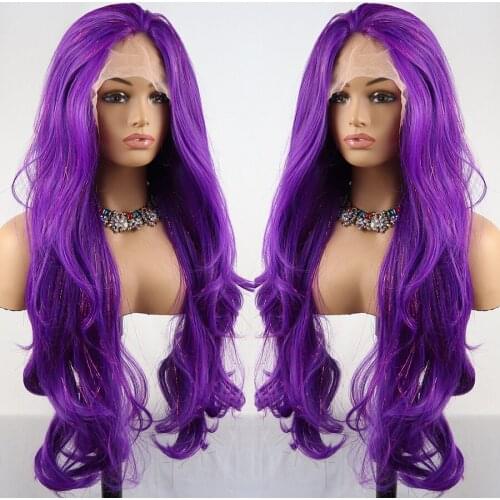 Synthetic Lace Front Wigs Purple Glitter Long Hair Body Wave Wigs Nature Hairline Daily Cosplay HD Lace Frontal Wigs for Women