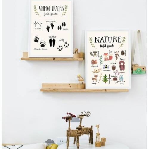 Nature Field Guide Poster Educational Prints Woodland Animals Tracks Charts Canvas Painting Neutral Kindergarten Kids Room Decor