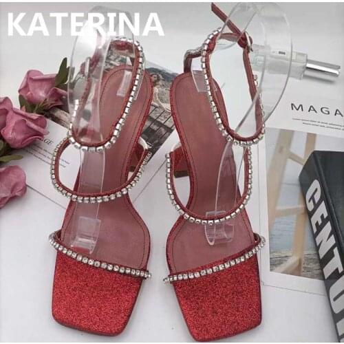 Crystal High Heel Sandal Open Toe Ankle Buckle Woman Shoes Sexy Wedding Party Shoes Mules Slippers Slides Strange Heel for Women