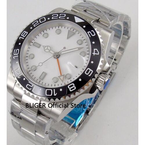 Solid BLIGER 40mm White No Logo Dial Ceramic Bezel Luminous Marks GMT Function Sapphire Automatic Movement Mens Watch B140
