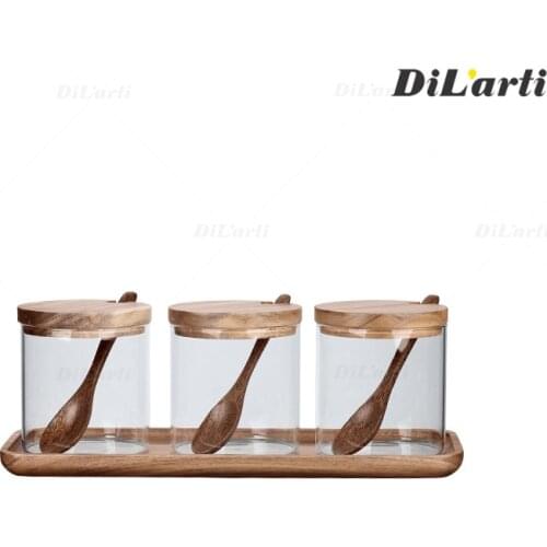 Three-piece glass seasoning jar creative kitchen supplies salt shaker sugar bowl marble wattle Acacia wooden seasoning box set