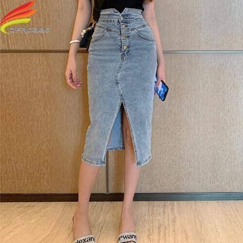 New 2020 Autumn High Waist Slit Skirt Denim Korean Style Single Buttons Up Pockets A Line Elegant Blue Midi Jeans Skirts Womens