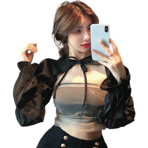 Short Bow-knot Long-sleeved Shawl Shirt Top Women Autumn Slim Puff Sleeve Korean Style Blouses