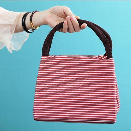 Leisure Women Portable Lunch Bag Canvas Stripe Insulated Cooler Bags Thermal Food Picnic Lunch Bags Kids Lunch Box Bag Tote