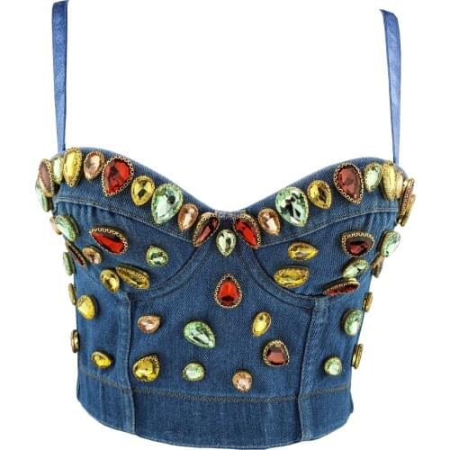 Women Sexy Designer Beading Denim Diamonds Gem Cotton Camisole Tops Summer 2021 High Street Punk Style Short Camis Crop Tops