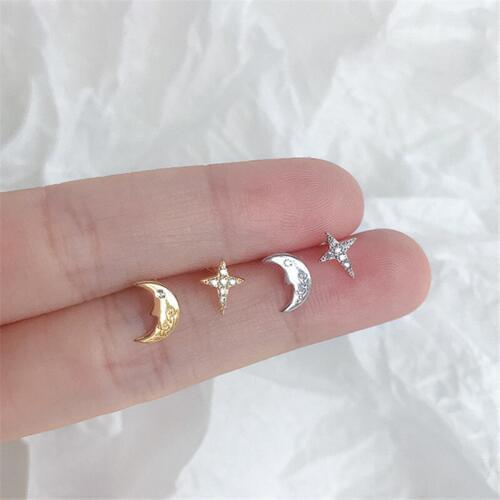 925 Sterling Silver Asymmetry Crystal Star Moon Stud Earrings For Women Grils Wedding Gift Female pendientes mujer moda eh1253