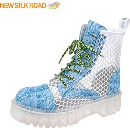 2021 Summer Women Shoes Mesh Air Hollow Out Sandal Ankle Boots Jelly Soles Mid Chunky Heels Zapatos De Mujer Femme Ladies Female
