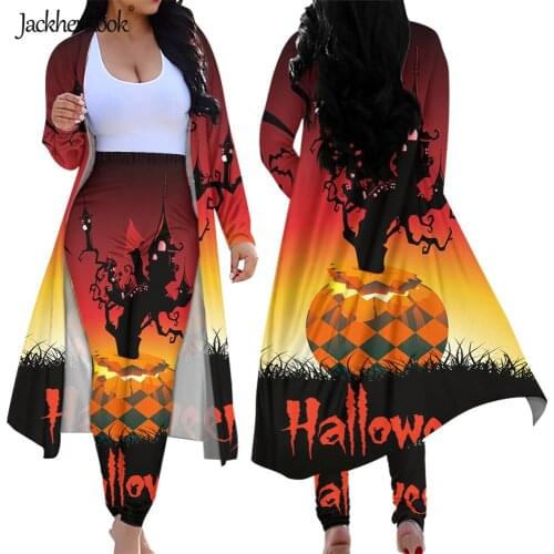 Jackherelook Halloweentown Pumpkin Print Spring Autumn Cardigan Sets Women 2 Piece Outfits Skinny Bodycon Leggings Plus Size